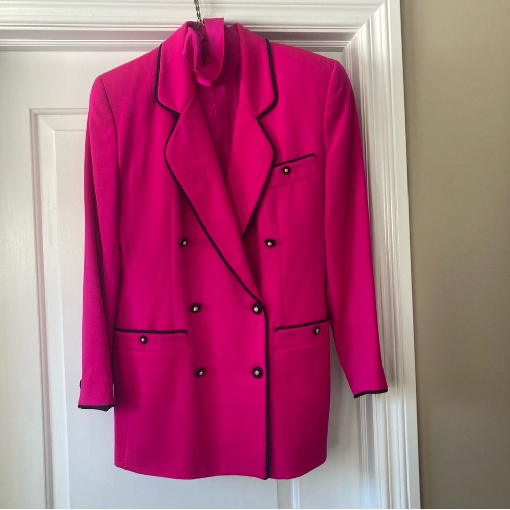 Dana Buchman Blazer Jacket 4Pink Wool & Matching Hot Pink Blouse Silk Set VTG